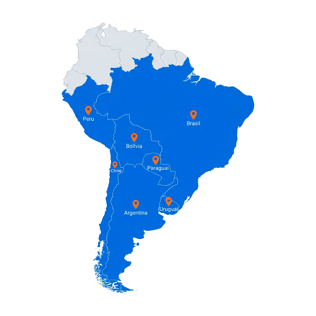 Mapa da América do Sul destacando países atendidos: Brasil, Argentina, Uruguai, Paraguai, Chile, Bolívia e Peru